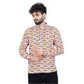 Mens cotton blended printed full sleeve multicolor shortkurta with mandarin neck and button closure, vibrant design for men's fashionable events